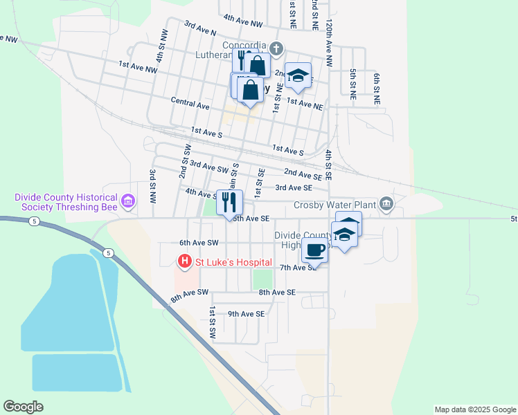 map of restaurants, bars, coffee shops, grocery stores, and more near 441 1st Street Southeast in Crosby