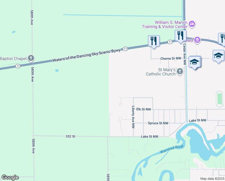 map of restaurants, bars, coffee shops, grocery stores, and more near 1305 Nelson Street Northwest in Warroad