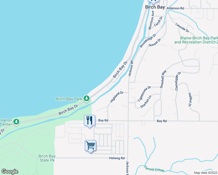 map of restaurants, bars, coffee shops, grocery stores, and more near 7396 Birch Bay Drive in Blaine