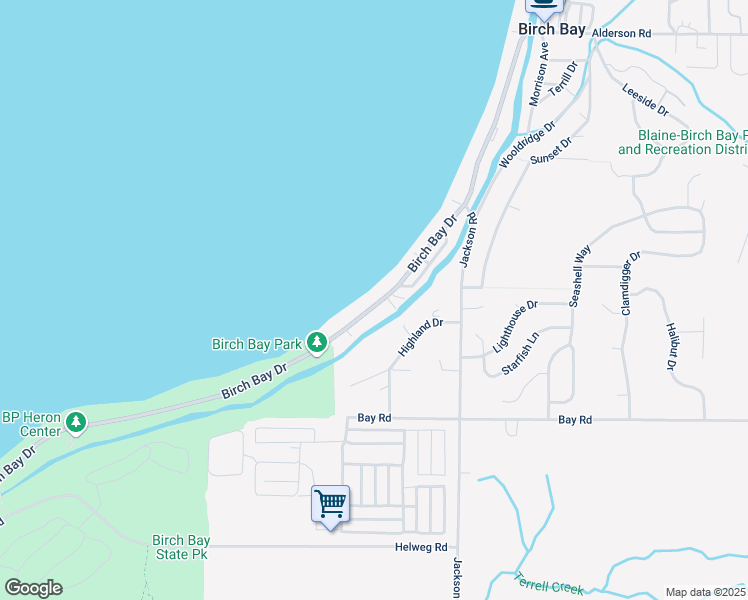 map of restaurants, bars, coffee shops, grocery stores, and more near 7387 Birch Bay Drive in Blaine