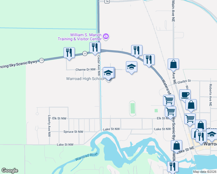 map of restaurants, bars, coffee shops, grocery stores, and more near 510 Cedar Avenue Northwest in Warroad