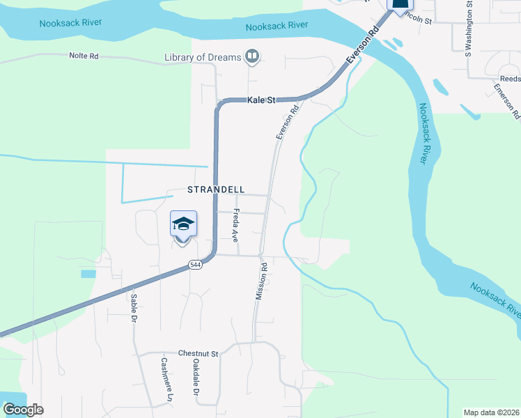 map of restaurants, bars, coffee shops, grocery stores, and more near 606 Everson Road in Everson
