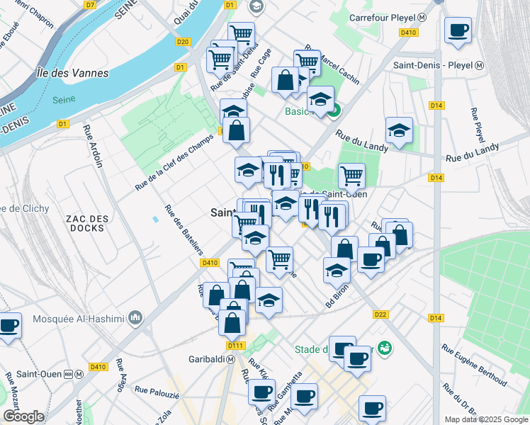 map of restaurants, bars, coffee shops, grocery stores, and more near in Saint-Ouen-sur-Seine