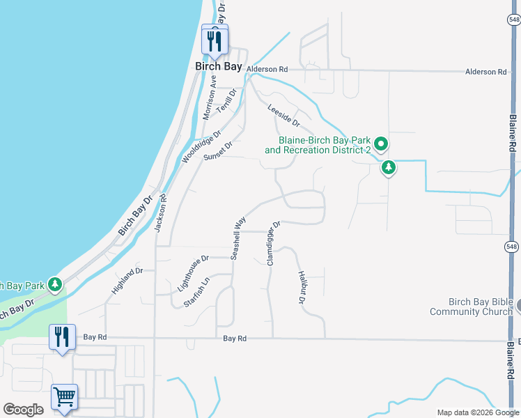 map of restaurants, bars, coffee shops, grocery stores, and more near 7458 Seashell Way in Blaine