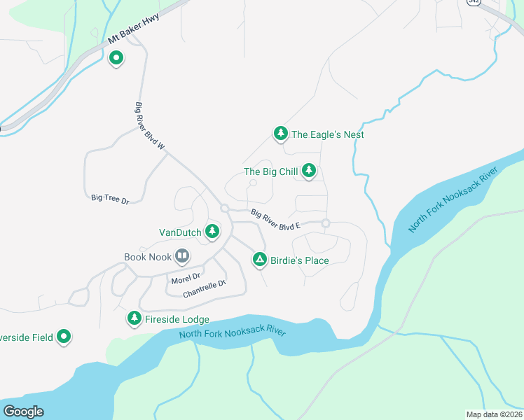 map of restaurants, bars, coffee shops, grocery stores, and more near Big River Boulevard East in Maple Falls