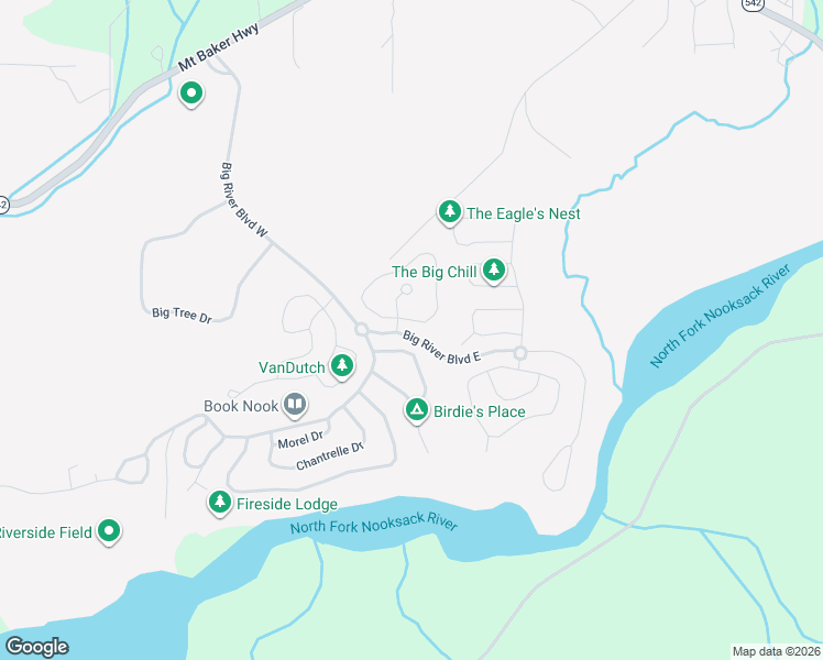 map of restaurants, bars, coffee shops, grocery stores, and more near Big River Boulevard East in Maple Falls
