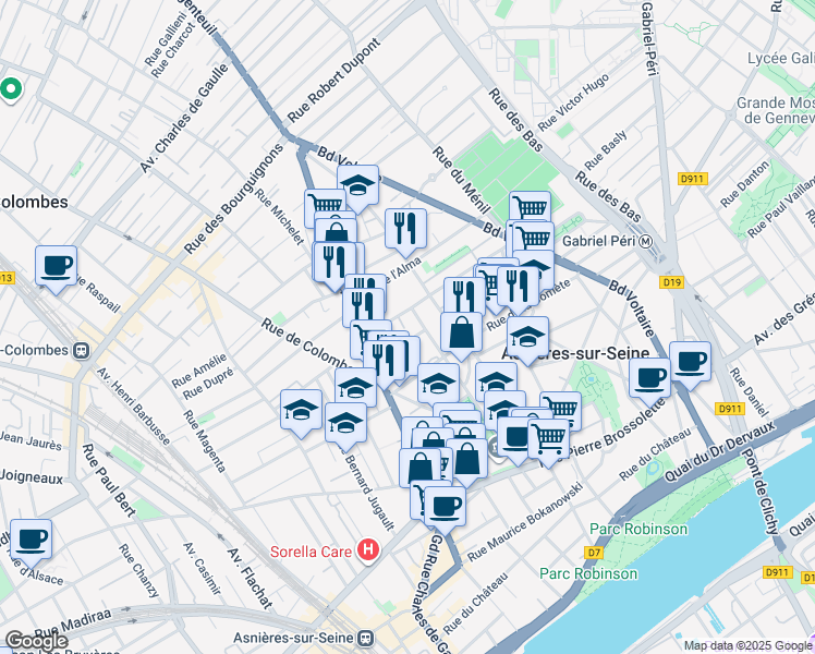 map of restaurants, bars, coffee shops, grocery stores, and more near in Asnières-sur-Seine