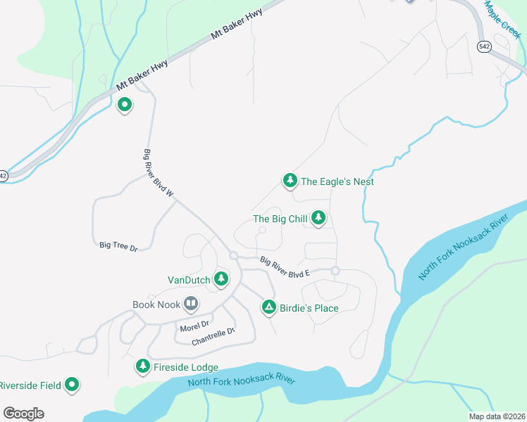 map of restaurants, bars, coffee shops, grocery stores, and more near Pioneer Circle in Maple Falls