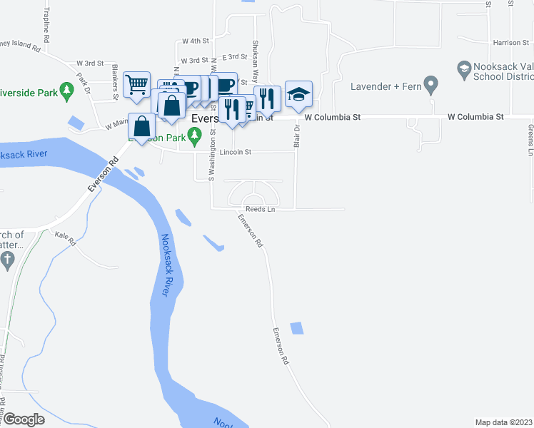 map of restaurants, bars, coffee shops, grocery stores, and more near 214 Reeds Lane in Everson