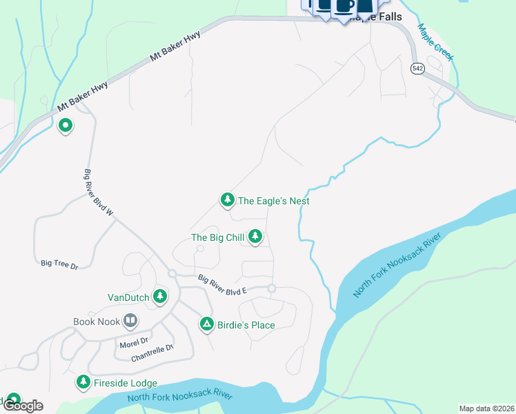 map of restaurants, bars, coffee shops, grocery stores, and more near Christmas Tree Circle in Maple Falls