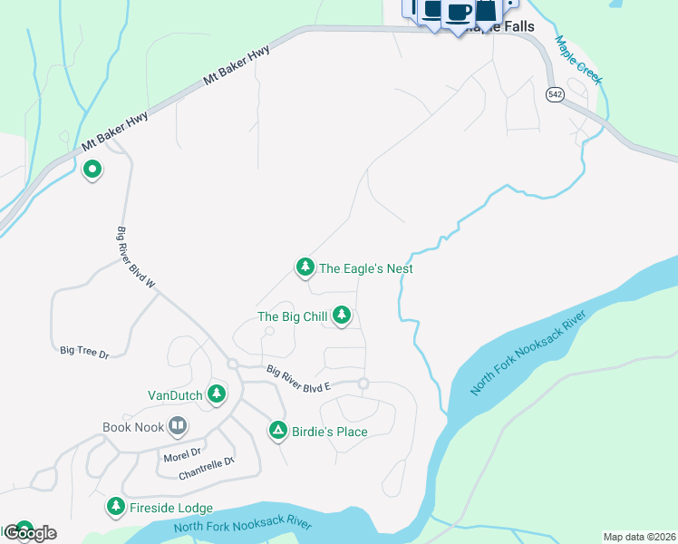 map of restaurants, bars, coffee shops, grocery stores, and more near Christmas Tree Circle in Maple Falls