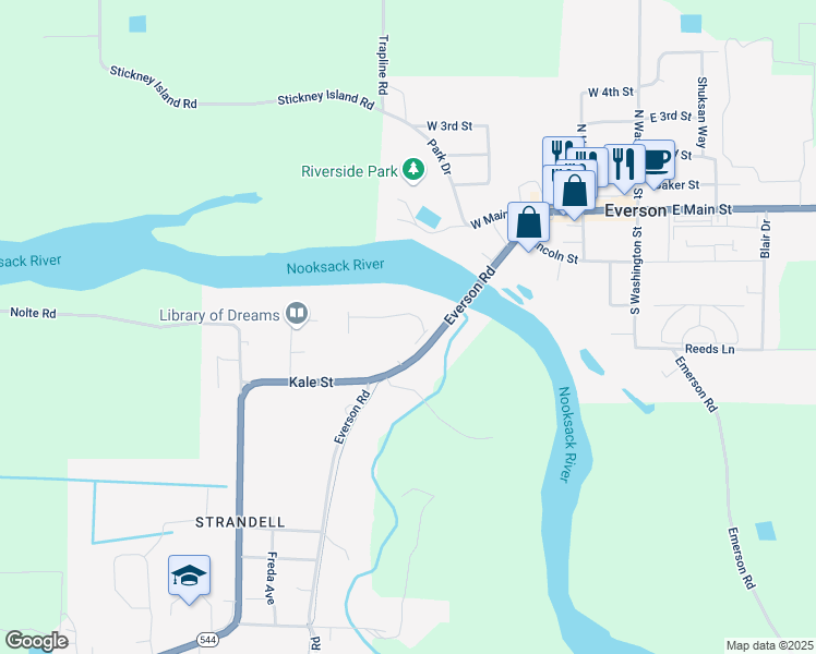 map of restaurants, bars, coffee shops, grocery stores, and more near in Everson