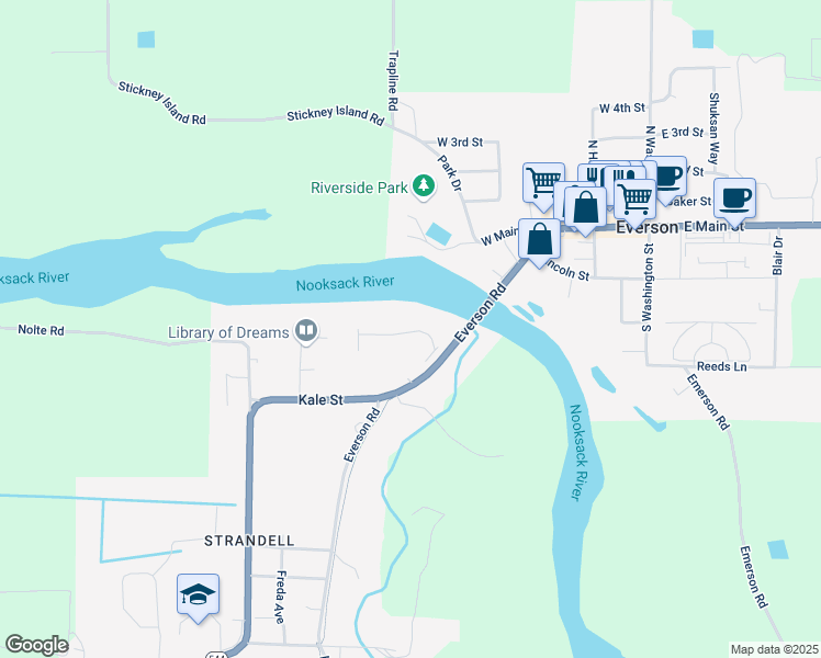 map of restaurants, bars, coffee shops, grocery stores, and more near 210 Everson Goshen Road in Everson