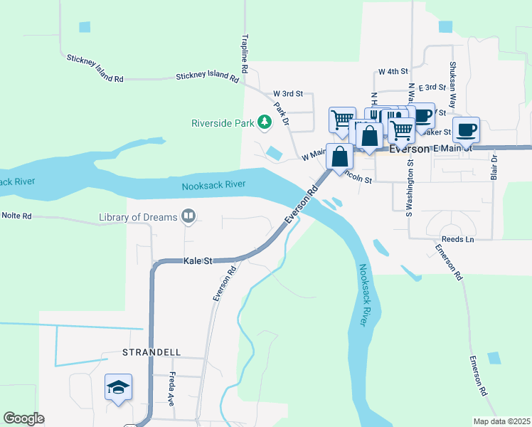 map of restaurants, bars, coffee shops, grocery stores, and more near 210 Everson Goshen Road in Everson