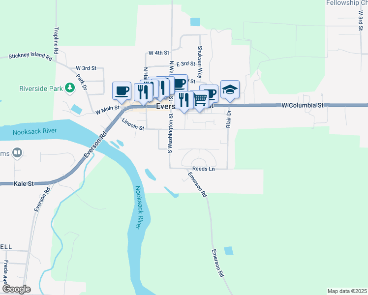 map of restaurants, bars, coffee shops, grocery stores, and more near in Everson