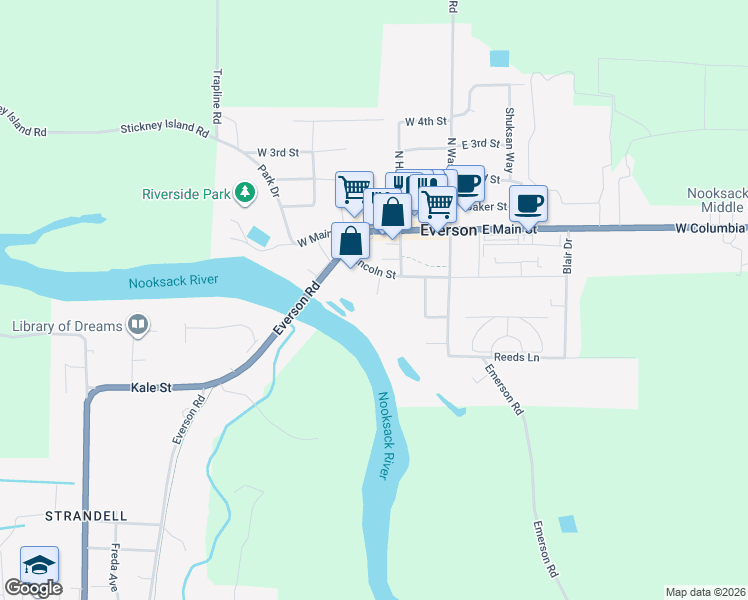 map of restaurants, bars, coffee shops, grocery stores, and more near 311 Lincoln Street in Everson