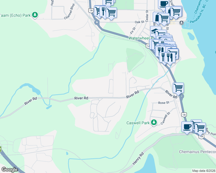 map of restaurants, bars, coffee shops, grocery stores, and more near 22 Askew Creek Drive in Chemainus