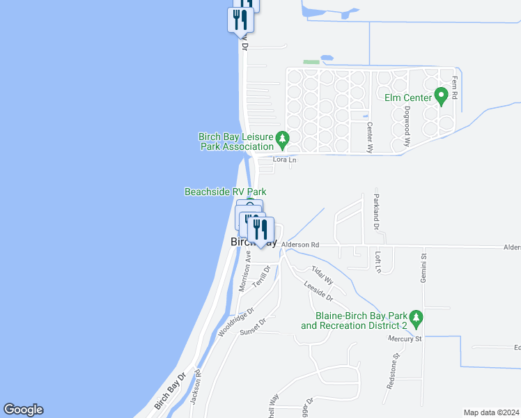 map of restaurants, bars, coffee shops, grocery stores, and more near 7650 Birch Bay Drive in Blaine
