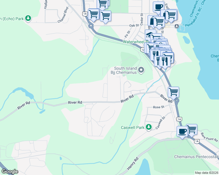 map of restaurants, bars, coffee shops, grocery stores, and more near 96 Askew Creek Drive in Chemainus