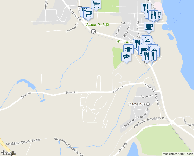 map of restaurants, bars, coffee shops, grocery stores, and more near 22 Askew Creek Drive in Chemainus