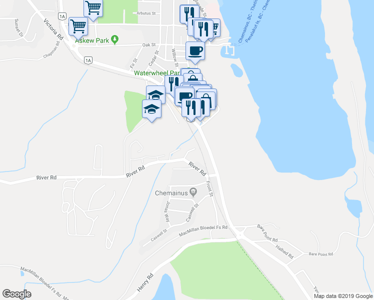 map of restaurants, bars, coffee shops, grocery stores, and more near 2883 Cecelia Street in Chemainus