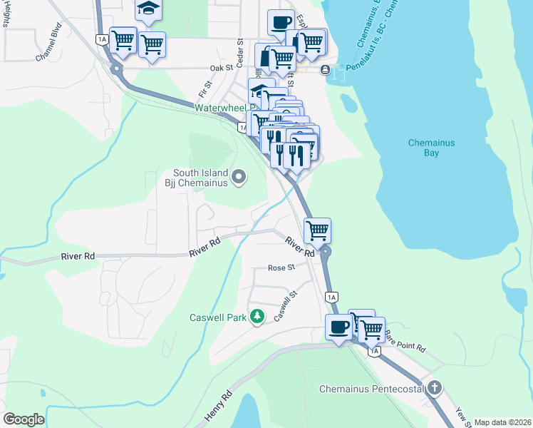 map of restaurants, bars, coffee shops, grocery stores, and more near 2883 Cecelia Street in Chemainus