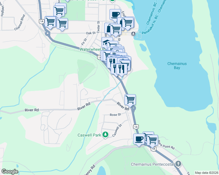 map of restaurants, bars, coffee shops, grocery stores, and more near 2899 River Road in Chemainus