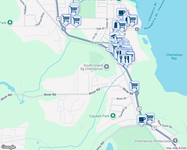 map of restaurants, bars, coffee shops, grocery stores, and more near 2871 River Road in Chemainus