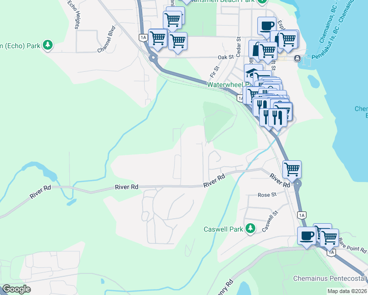 map of restaurants, bars, coffee shops, grocery stores, and more near 9653 Askew Creek Drive in Chemainus