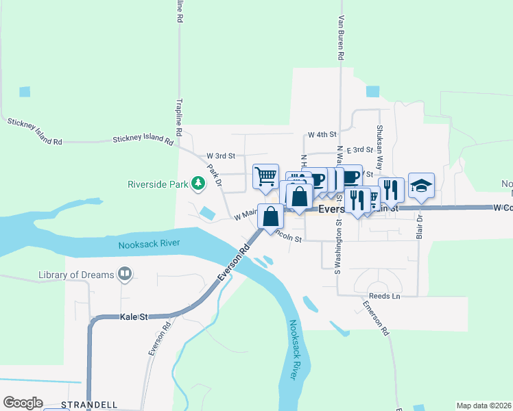 map of restaurants, bars, coffee shops, grocery stores, and more near 304 West Main Street in Everson