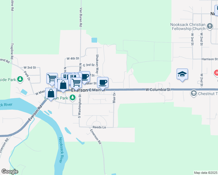 map of restaurants, bars, coffee shops, grocery stores, and more near 309 Baker Street in Everson