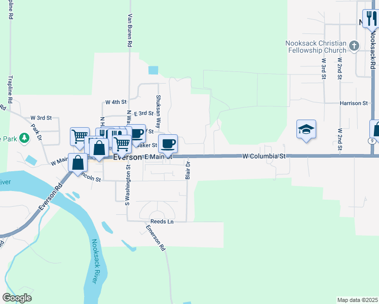 map of restaurants, bars, coffee shops, grocery stores, and more near 411 East Main Street in Everson
