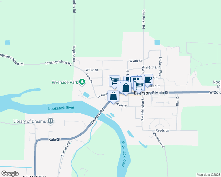 map of restaurants, bars, coffee shops, grocery stores, and more near 304 W Main St in Everson