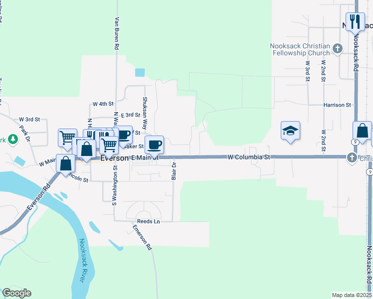 map of restaurants, bars, coffee shops, grocery stores, and more near 411 E Main St in Everson