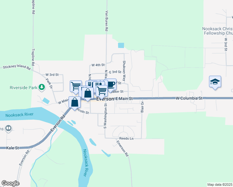 map of restaurants, bars, coffee shops, grocery stores, and more near 105 Baker Street in Everson
