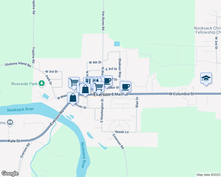 map of restaurants, bars, coffee shops, grocery stores, and more near 105 Baker Street in Everson