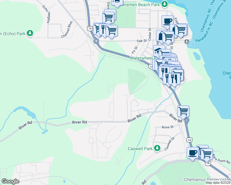 map of restaurants, bars, coffee shops, grocery stores, and more near 9657 Askew Creek Drive in Chemainus