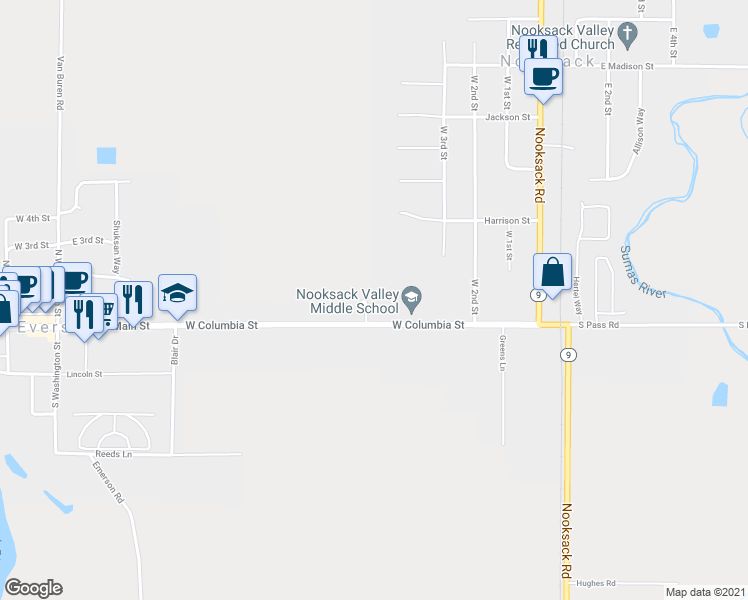 map of restaurants, bars, coffee shops, grocery stores, and more near 105 Thendara Park Drive in Everson