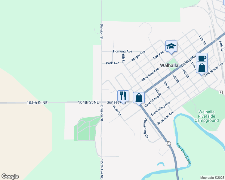 map of restaurants, bars, coffee shops, grocery stores, and more near 609 4th Street in Walhalla
