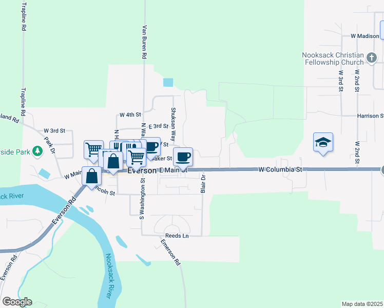map of restaurants, bars, coffee shops, grocery stores, and more near 309 Baker Street in Everson