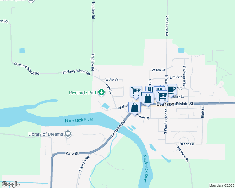 map of restaurants, bars, coffee shops, grocery stores, and more near 406 West 1st Street in Everson