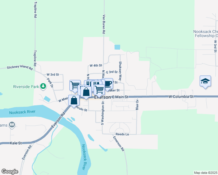 map of restaurants, bars, coffee shops, grocery stores, and more near 105 Baker Street in Everson