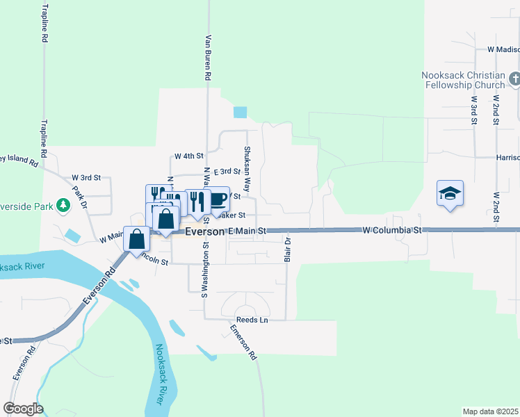 map of restaurants, bars, coffee shops, grocery stores, and more near 309 Baker Street in Everson
