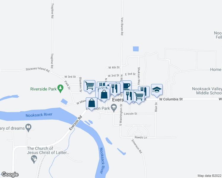 map of restaurants, bars, coffee shops, grocery stores, and more near 112 West 1st Street in Everson