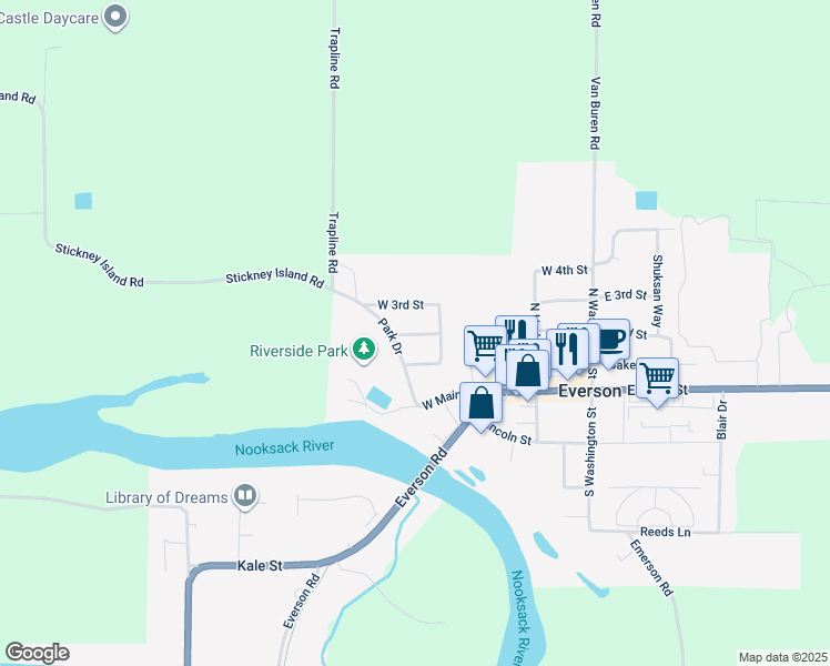 map of restaurants, bars, coffee shops, grocery stores, and more near 406 West 1st Street in Everson