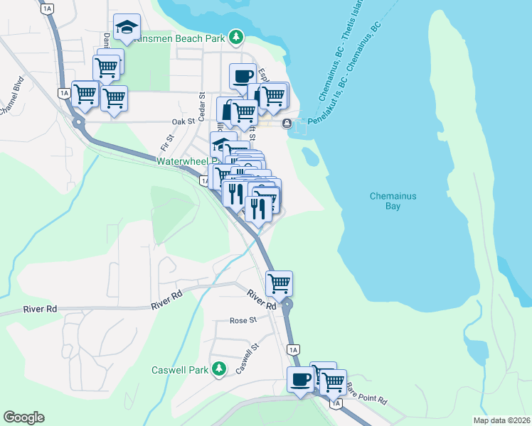 map of restaurants, bars, coffee shops, grocery stores, and more near 9747 Willow Street in Chemainus