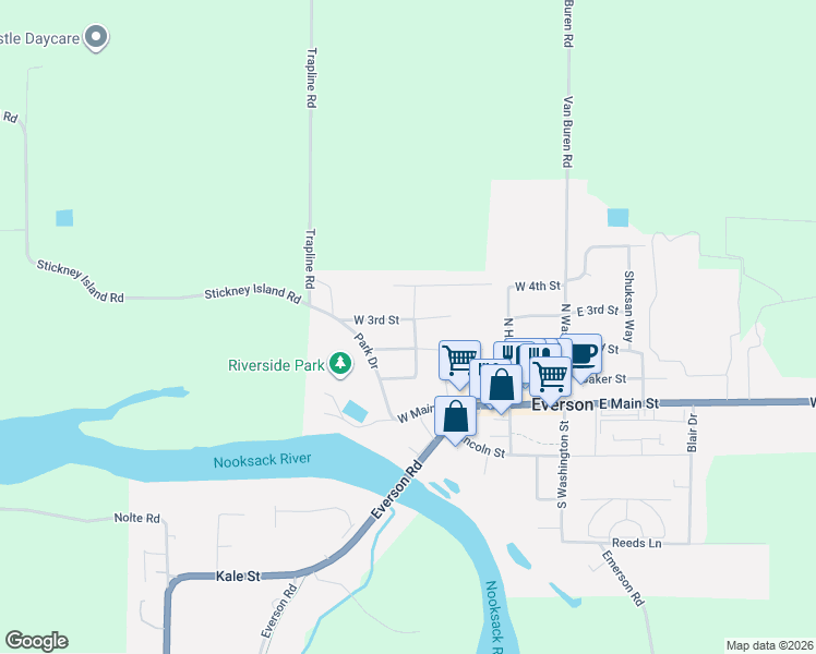 map of restaurants, bars, coffee shops, grocery stores, and more near 403 West 3rd Street in Everson
