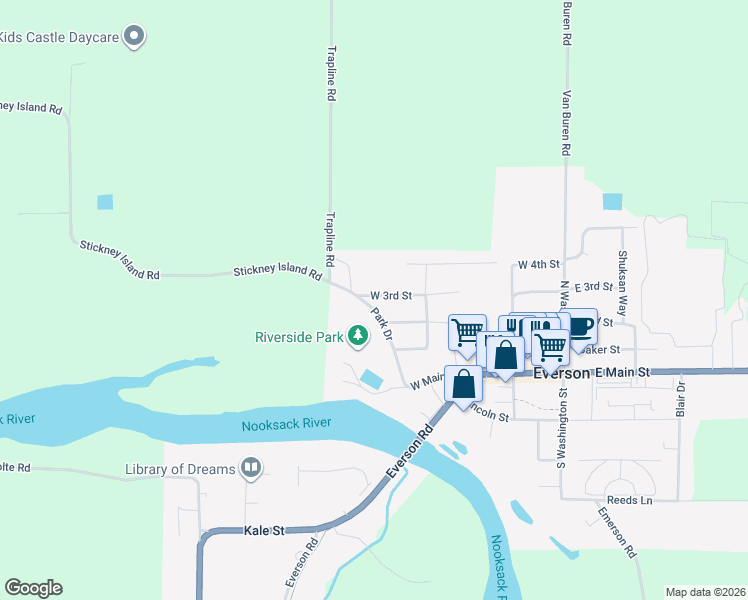 map of restaurants, bars, coffee shops, grocery stores, and more near 423 West 3rd Street in Everson