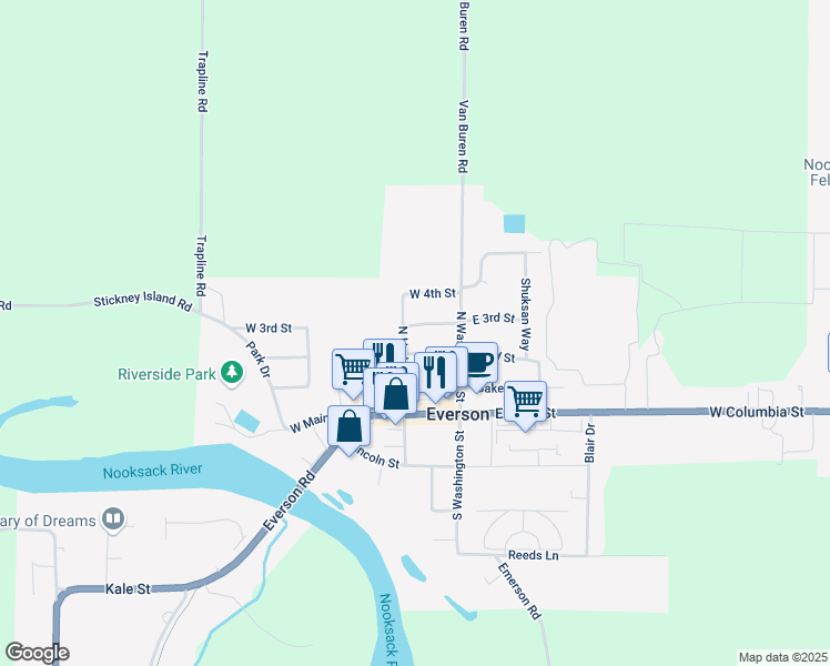map of restaurants, bars, coffee shops, grocery stores, and more near 302 North Harkness Street in Everson