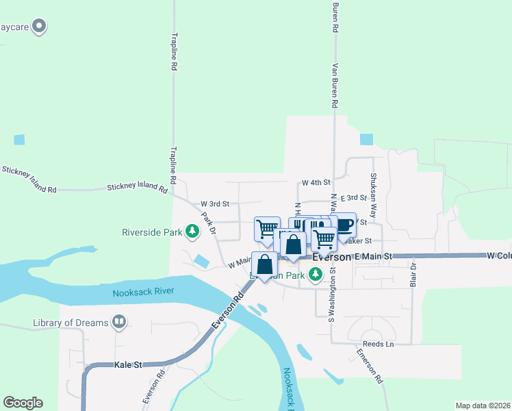 map of restaurants, bars, coffee shops, grocery stores, and more near 403 West 3rd Street in Everson